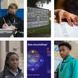 Two rows of 3 photos, 3 of which are of CPS students, all of which relating to education and writing