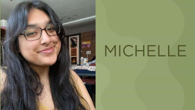 picture of a cps alumni next to a green box with their name Michelle on it