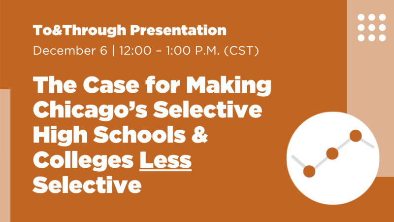 Orange background with white lettering advertising a talk on selective schools by Alex Seeskin. Peach colored rectangles on both sides and a white circle on the left side.